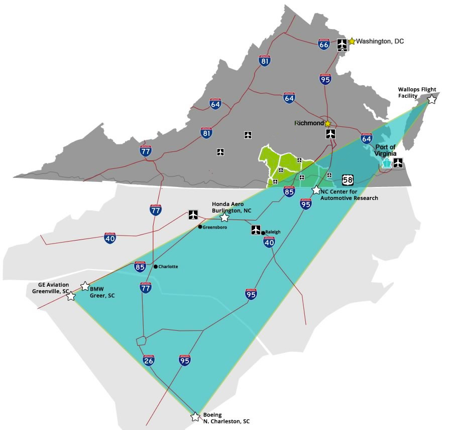 Virginia's Growth Alliance is located within the Southeast US Aerospace Triangle