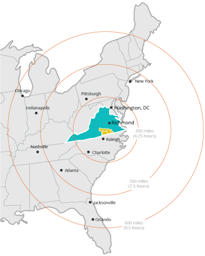 Virginia's Growth Alliance economic development region - map of location on East Coast of US