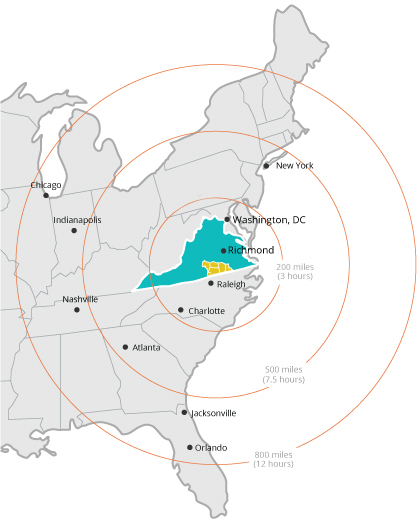 Virginia's Growth Alliance economic development region - map of location on East Coast of US