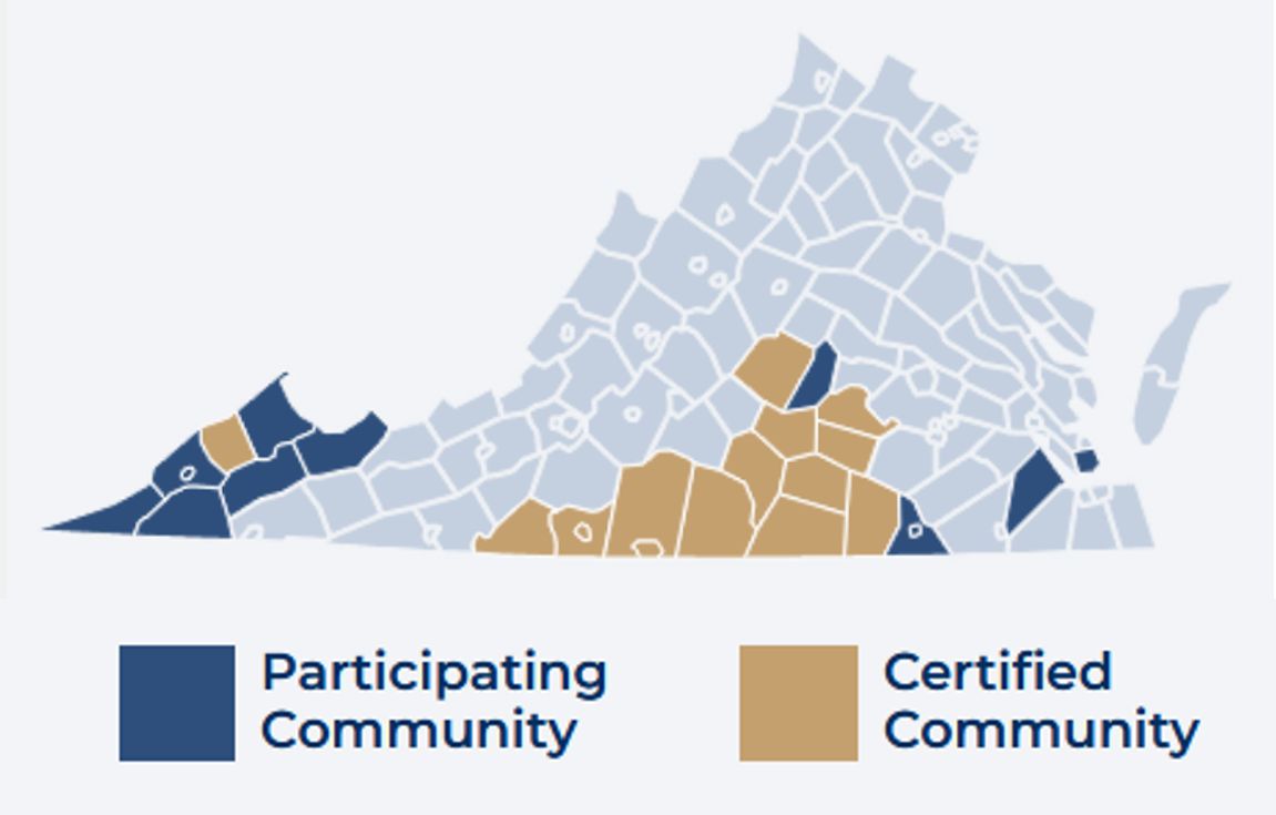 Virginia map showing ACT National Career Readiness communities